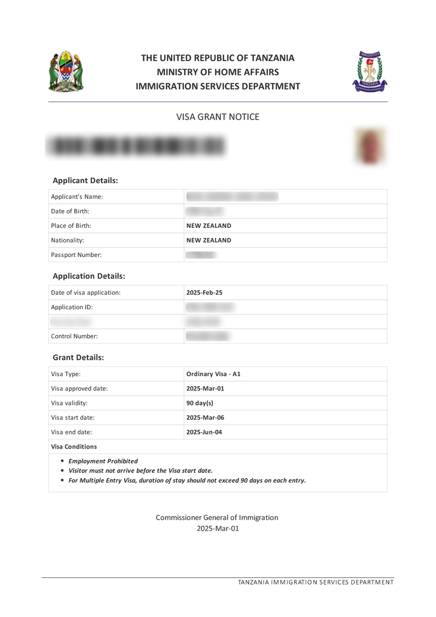 tanzania-evisa eVisa sample document